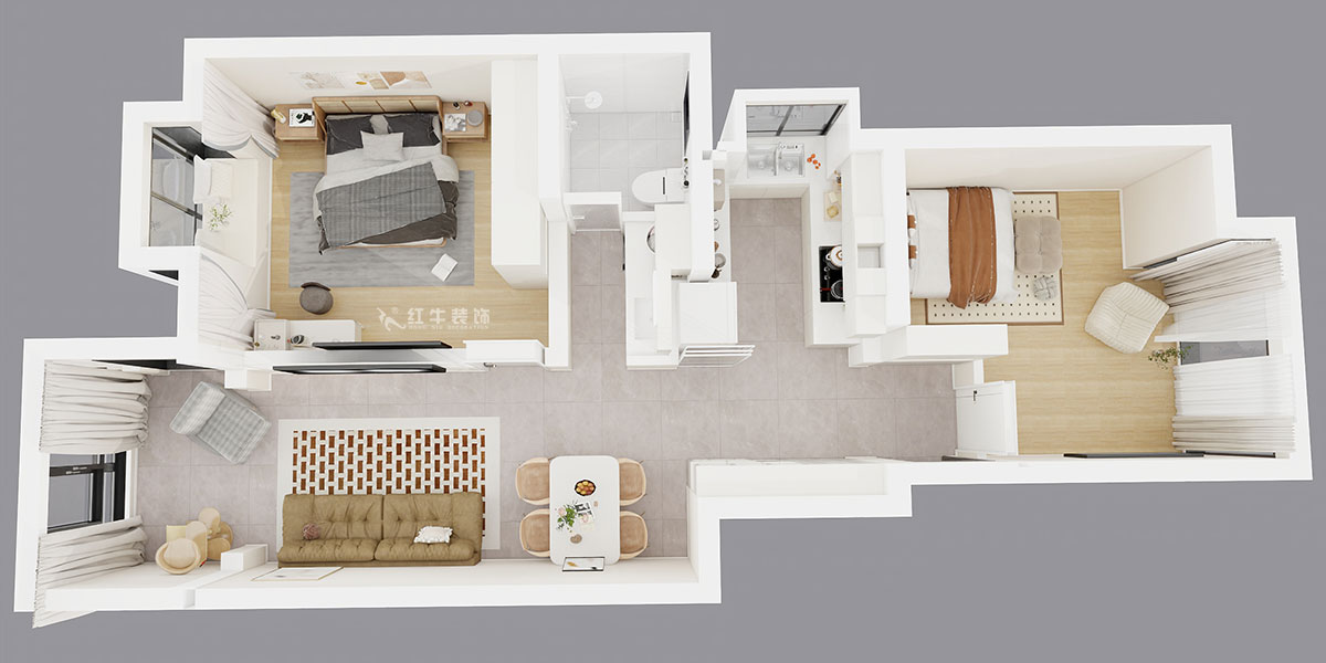 朱明琪｜韓府茗苑7-1-302-82㎡-輕法奶油風｜2室1廳1衛(wèi)｜老房裝修｜定制家｜全包11萬｜00_05鳥瞰圖