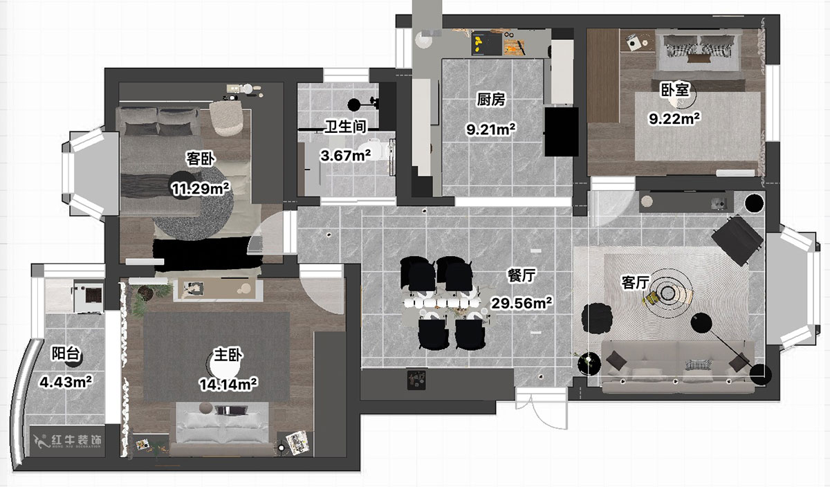 吳波｜良城美景15-1-902-105㎡-現(xiàn)代簡(jiǎn)約風(fēng)格｜3室2廳1衛(wèi)｜舊房裝修｜定制家｜全包14萬(wàn)｜00_04平面彩圖