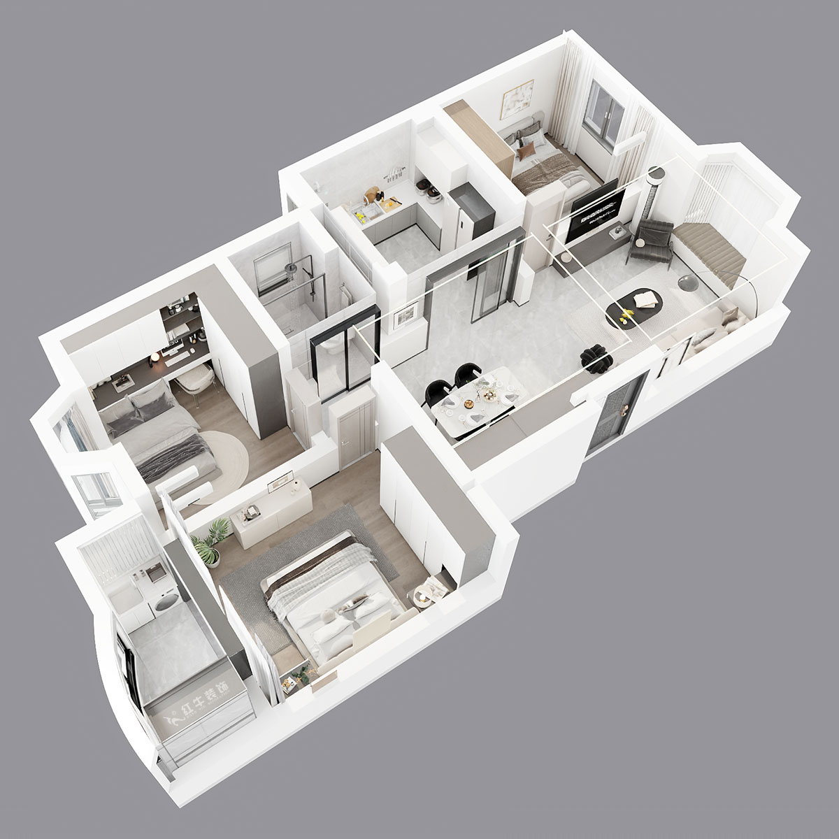 吳波｜良城美景15-1-902-105㎡-現(xiàn)代簡(jiǎn)約風(fēng)格｜3室2廳1衛(wèi)｜舊房裝修｜定制家｜全包14萬(wàn)｜00_05鳥瞰圖
