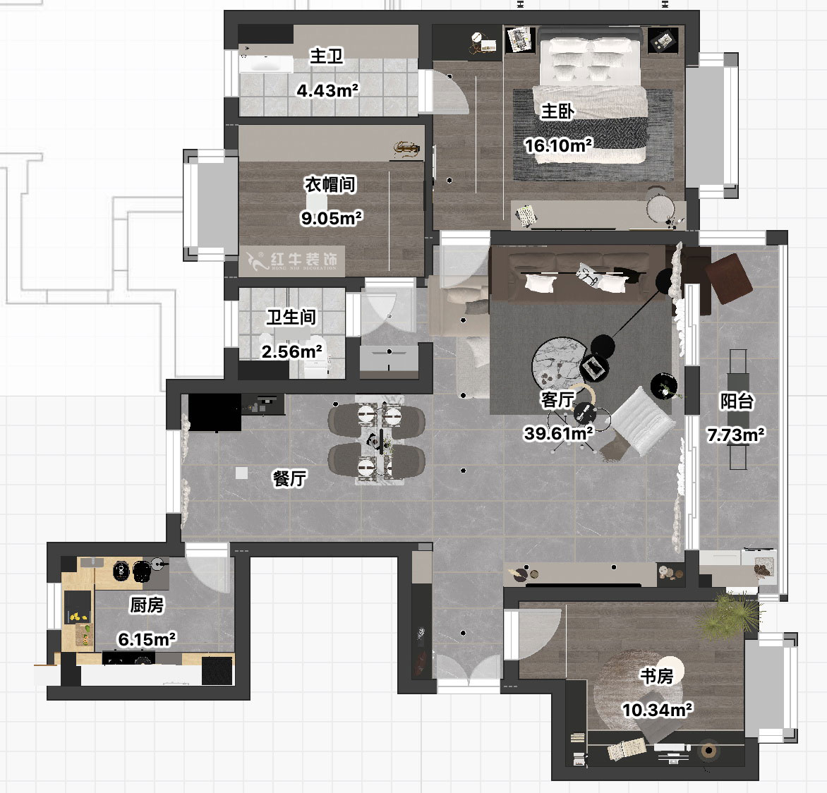 朱彥｜鐘山峰景15-803-128㎡-簡約風格｜3室2廳2衛(wèi)｜新房裝修｜定制家｜全包13萬｜00_03平面彩圖