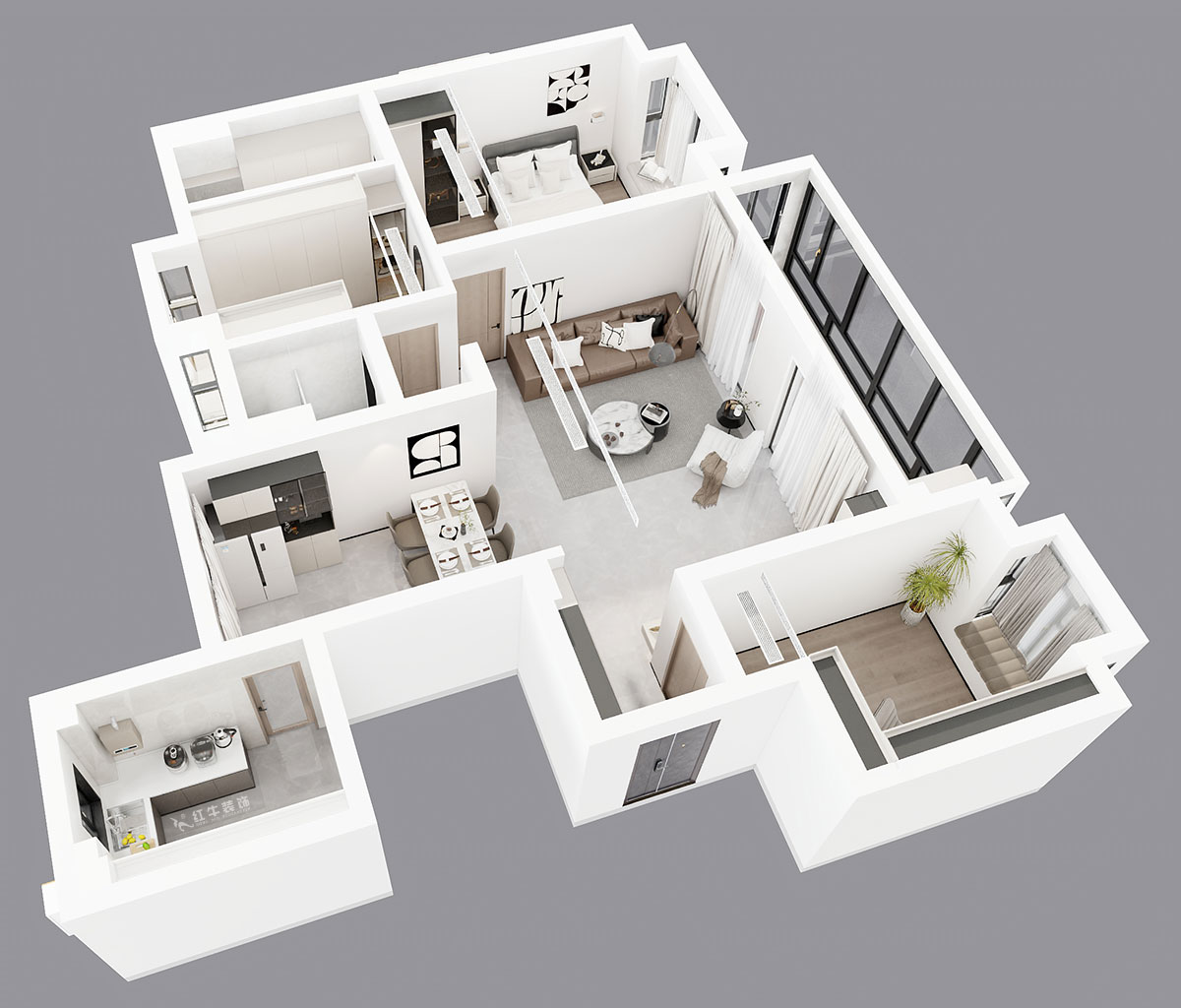 朱彥｜鐘山峰景15-803-128㎡-簡約風格｜3室2廳2衛(wèi)｜新房裝修｜定制家｜全包13萬｜00_04鳥瞰圖