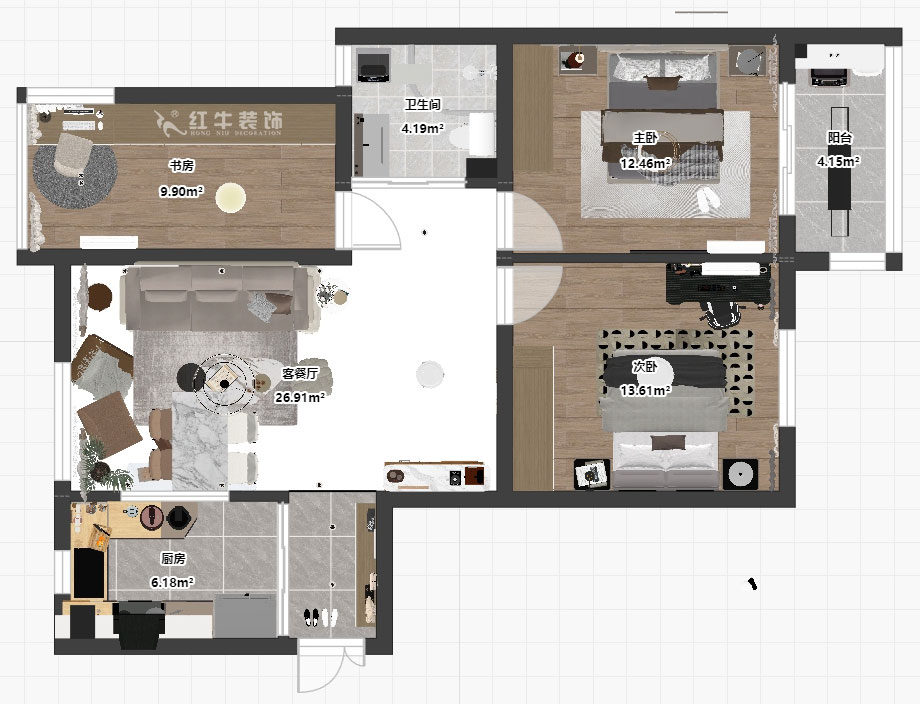 孟憲濤｜月桂園4-1005-103㎡-現(xiàn)代簡約風(fēng)格｜3室2廳1衛(wèi)｜新房裝修｜定制家｜全包14萬｜00_03平面彩圖