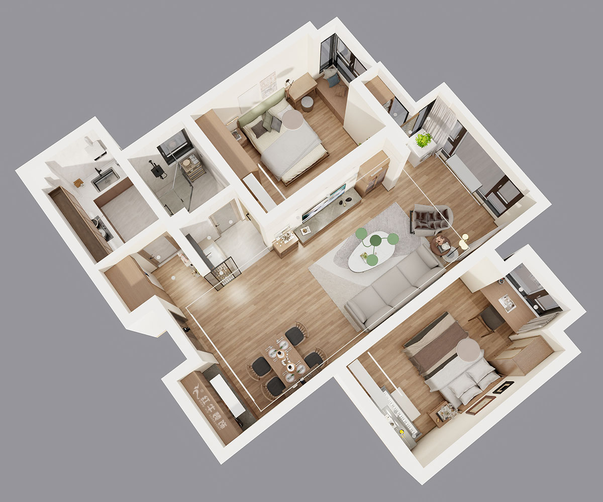 劉曉芳｜濱江雅園11-2803-87㎡-北歐風(fēng)格｜2室2廳1衛(wèi)｜新房裝修｜定制家｜全包14萬｜00_04鳥瞰圖