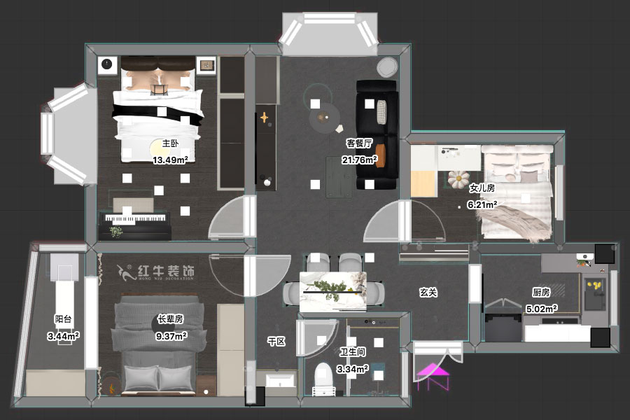 朱明琪｜曙光里4-15-102-87㎡-現(xiàn)代簡(jiǎn)約風(fēng)格｜3室1廳1衛(wèi)｜老房裝修｜定制家｜全包14萬｜00_03平面彩圖