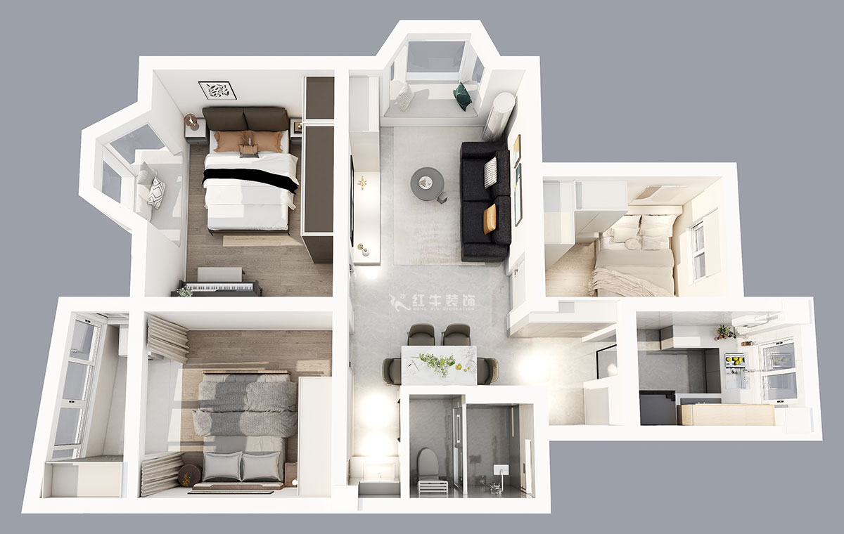 朱明琪｜曙光里4-15-102-87㎡-現(xiàn)代簡(jiǎn)約風(fēng)格｜3室1廳1衛(wèi)｜老房裝修｜定制家｜全包14萬｜00_04鳥瞰圖