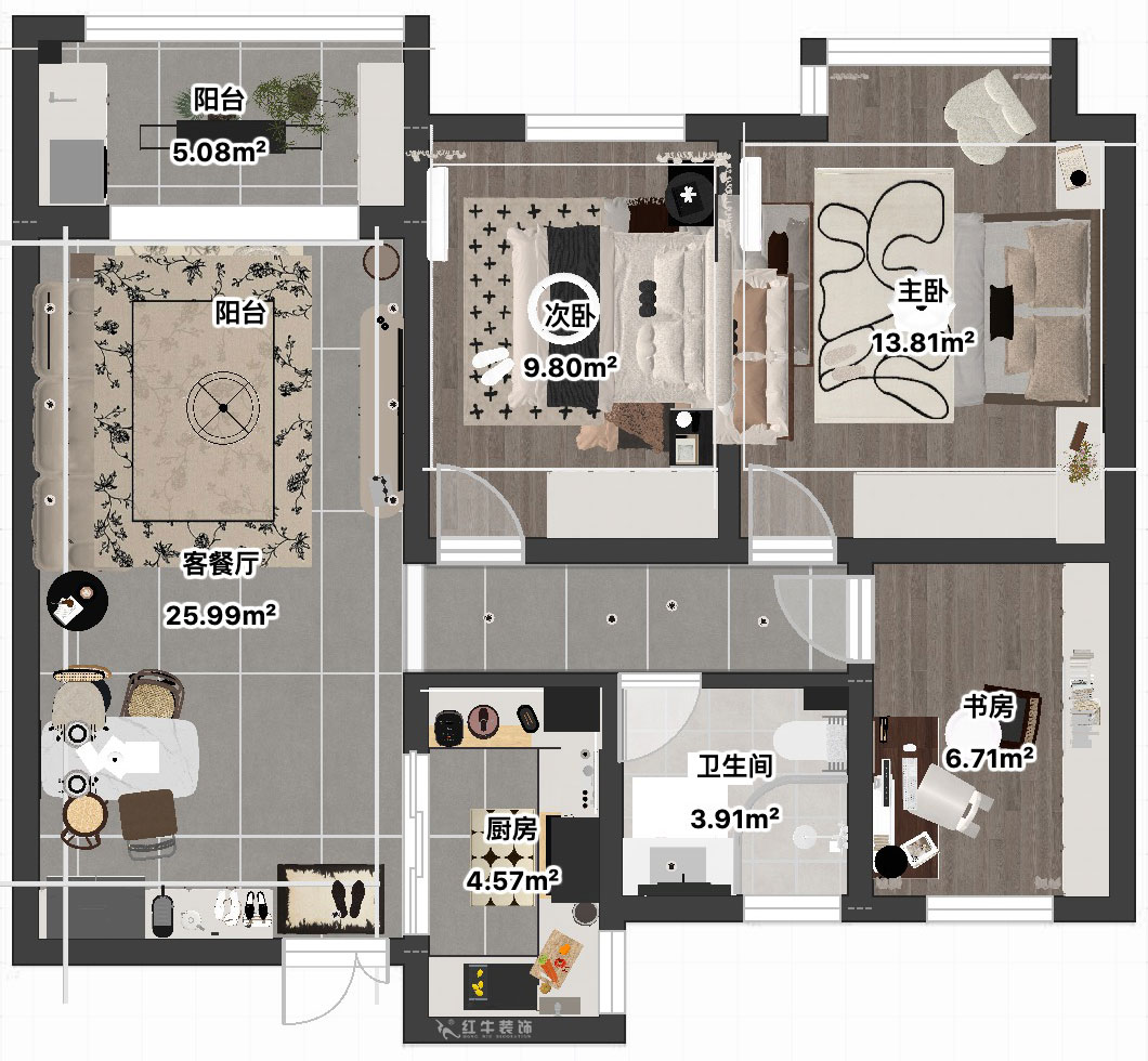 吳波｜紫金上品苑4-1002-90㎡-現(xiàn)代簡約風格｜3室2廳1衛(wèi)｜新房裝修｜定制家｜全包12萬｜00_04平面彩圖