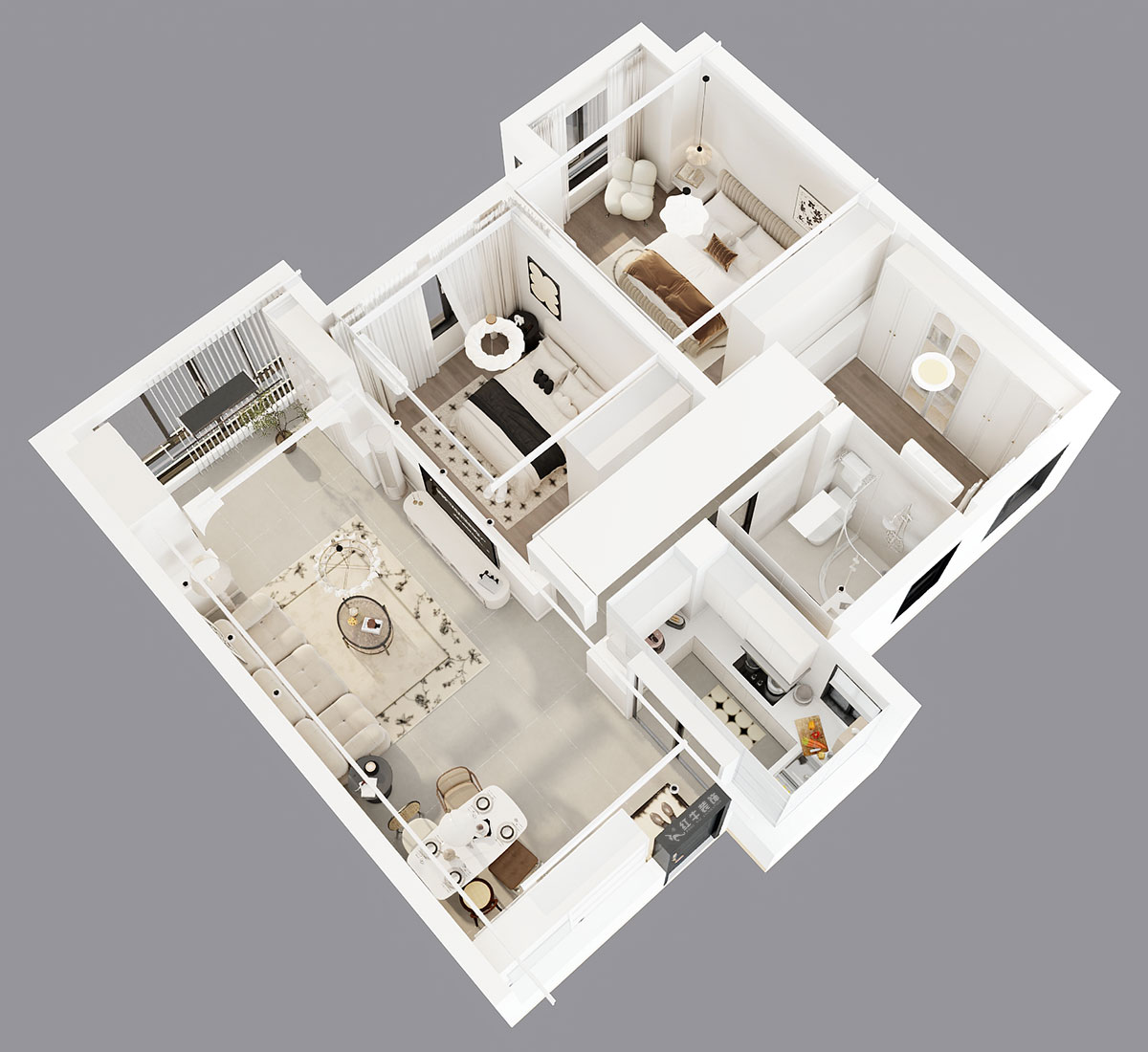 吳波｜紫金上品苑4-1002-90㎡-現(xiàn)代簡約風格｜3室2廳1衛(wèi)｜新房裝修｜定制家｜全包12萬｜00_05鳥瞰圖