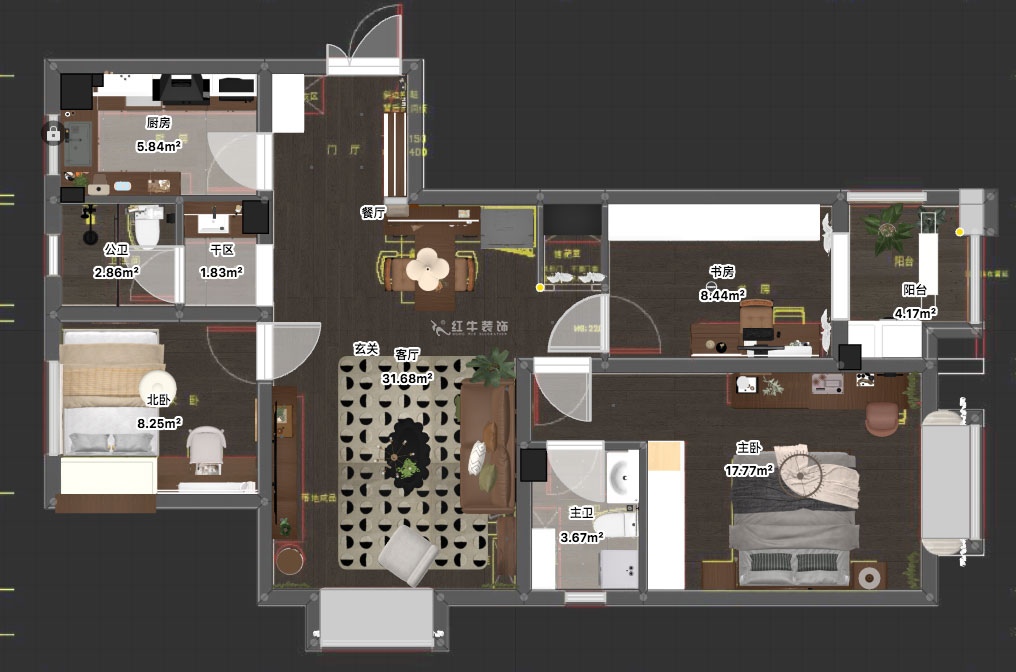 蔣?。鹩驀?guó)際10-2004-105㎡-現(xiàn)代簡(jiǎn)約風(fēng)格｜3室1廳1衛(wèi)｜毛坯裝修｜定制家｜全包12萬(wàn)｜00_03平面彩圖
