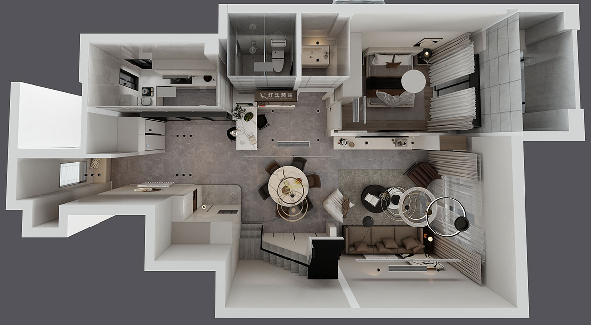 蔣琛｜泰山魯能七號(hào)院6-205-280㎡-現(xiàn)代簡(jiǎn)約風(fēng)格｜復(fù)式｜4室2廳3衛(wèi)｜毛坯裝修｜定制家｜全包40萬(wàn)｜00_07一層鳥(niǎo)瞰圖