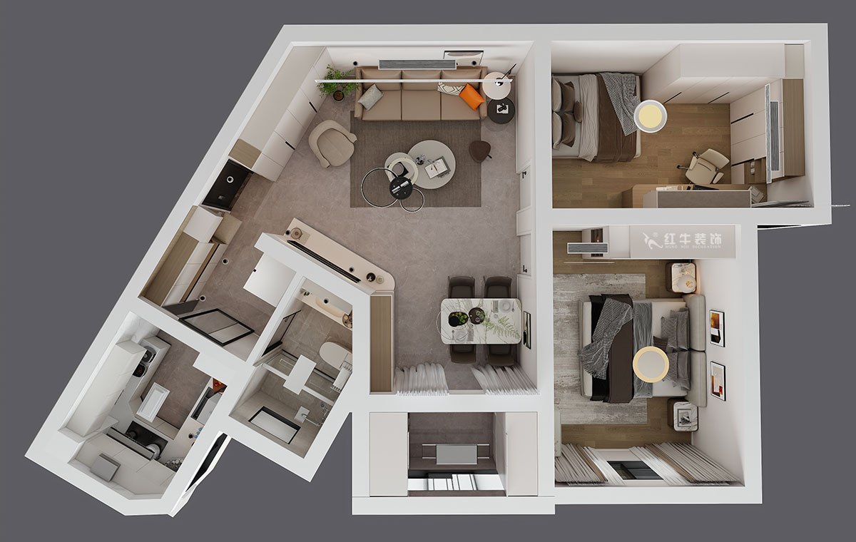 蔣?。埥^(qū)陽光廣場5-2002-90㎡-現(xiàn)代簡約風(fēng)格｜2室2廳1衛(wèi)｜二手房裝修｜定制家｜全包12萬｜00_04鳥瞰圖