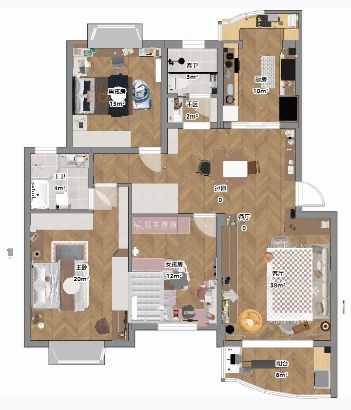 仇美蓉｜長江之家4-13-402-130㎡-原木奶油風(fēng)格｜3室2廳2衛(wèi)｜老房裝修｜定制家｜全包16萬｜00_03平面彩圖