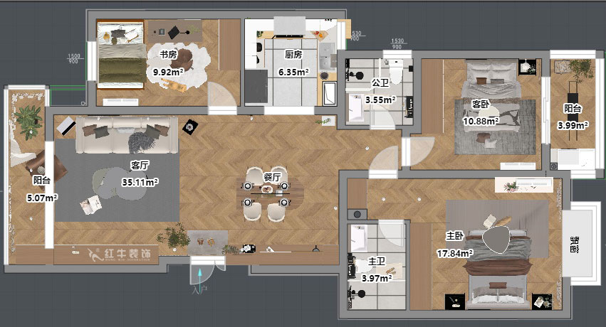 吳波｜仁恒翠竹園28-2-303-117㎡-現(xiàn)代簡(jiǎn)約風(fēng)格｜3室2廳2衛(wèi)｜舊房裝修｜定制家｜全包13萬(wàn)｜00_03平面彩圖