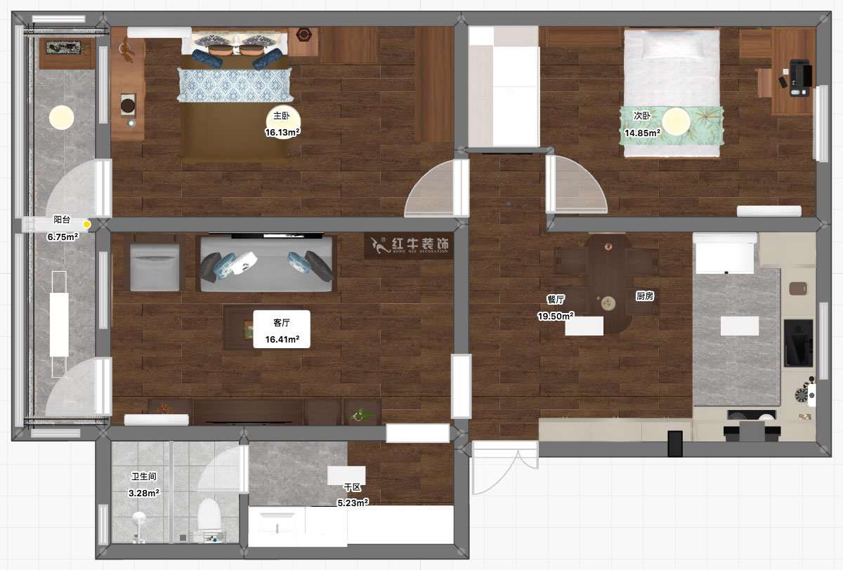 孟憲濤｜五老村24-201-100㎡-現(xiàn)代簡約風(fēng)格｜3室2廳1衛(wèi)｜老房裝修｜定制家｜全包14萬｜00_03平面彩圖