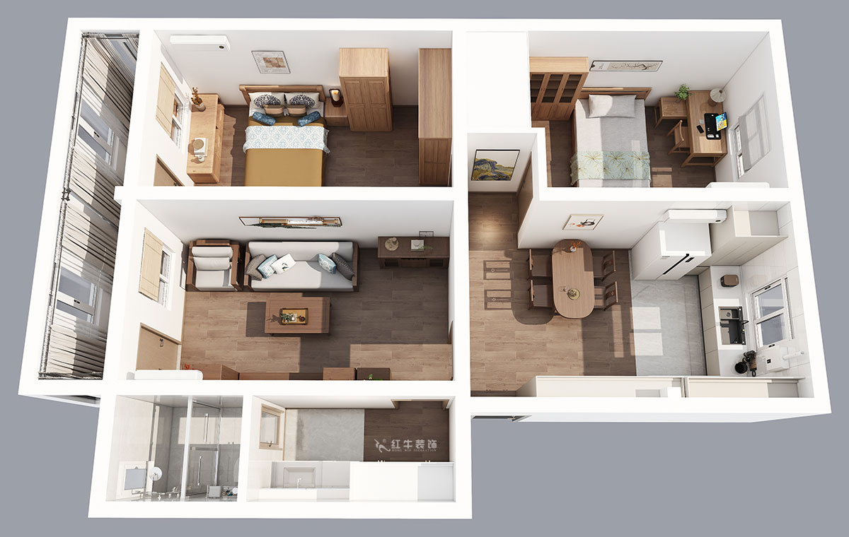 孟憲濤｜五老村24-201-100㎡-現(xiàn)代簡約風(fēng)格｜3室2廳1衛(wèi)｜老房裝修｜定制家｜全包14萬｜00_04鳥瞰圖