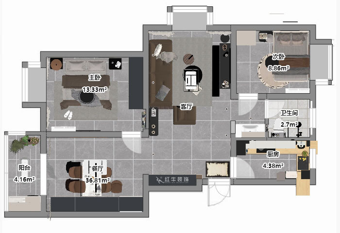 仇美蓉｜新建雅苑9-4-208-80㎡-簡(jiǎn)約風(fēng)格｜3室2廳1衛(wèi)｜老房裝修｜定制家｜全包10萬(wàn)｜00_03平面彩圖