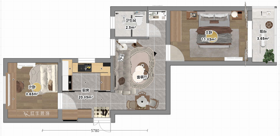 朱明琪｜安德里230號3-501-60㎡-輕法式原木風(fēng)｜2室1廳1衛(wèi)｜老房裝修｜定制家｜全包9萬｜00_03平面彩圖