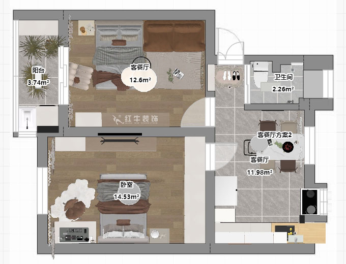 蔣?。鸾鹇?號11-202-60㎡-簡約奶油風(fēng)｜2室1廳1衛(wèi)｜二手房裝修｜定制家｜全包9萬｜00_03平面彩圖