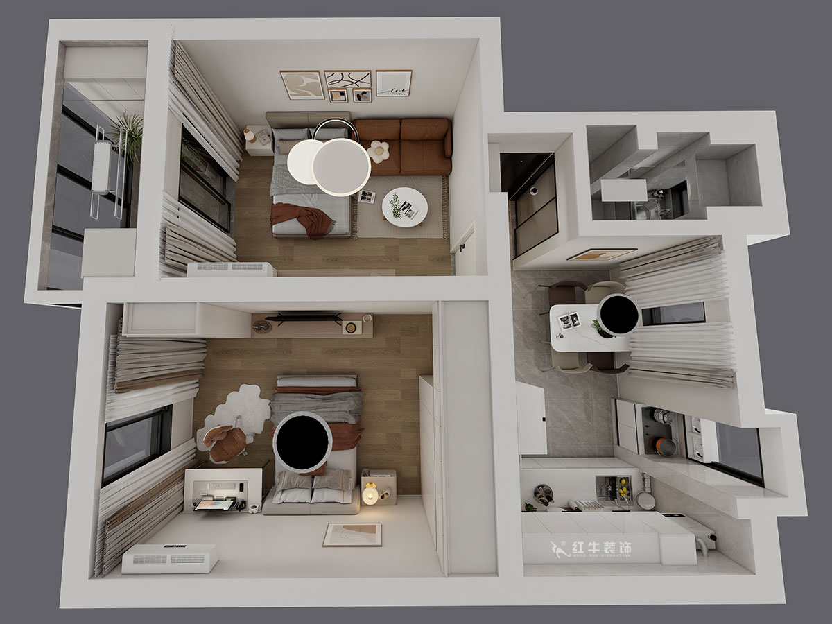 蔣?。鸾鹇?號11-202-60㎡-簡約奶油風(fēng)｜2室1廳1衛(wèi)｜二手房裝修｜定制家｜全包9萬｜00_04鳥瞰圖