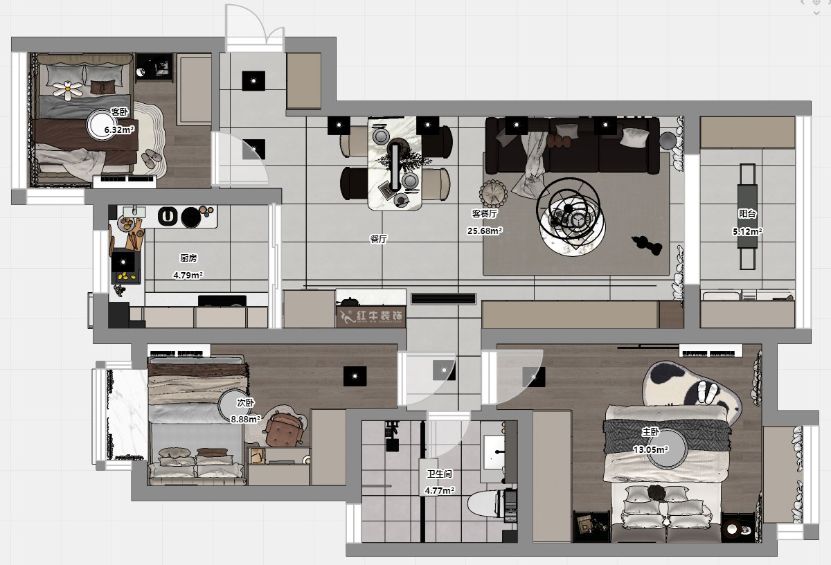 蔣琛｜保利羅蘭香谷10-1-1404-90㎡-現(xiàn)代簡(jiǎn)約風(fēng)格｜3室2廳1衛(wèi)｜老房裝修｜定制家｜全包12萬(wàn)｜00_03平面彩圖