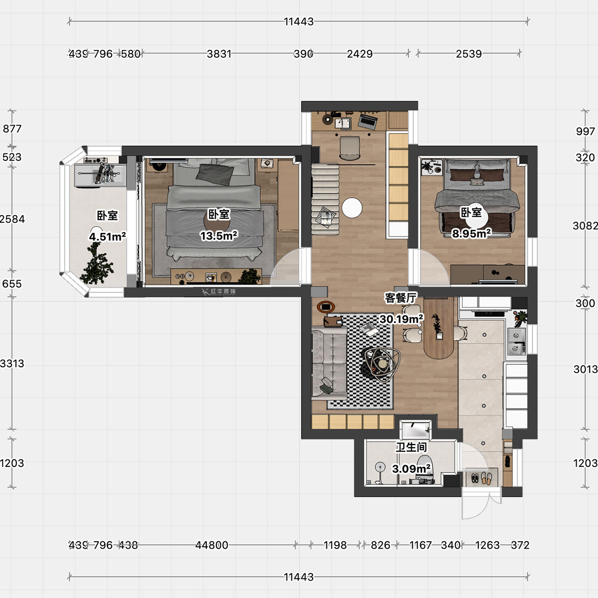 顧娟｜鎖金二村21-1105-77㎡-現(xiàn)代風(fēng)格｜2室2廳1衛(wèi)｜舊房裝修｜定制家｜全包11萬(wàn)｜00_04平面彩圖
