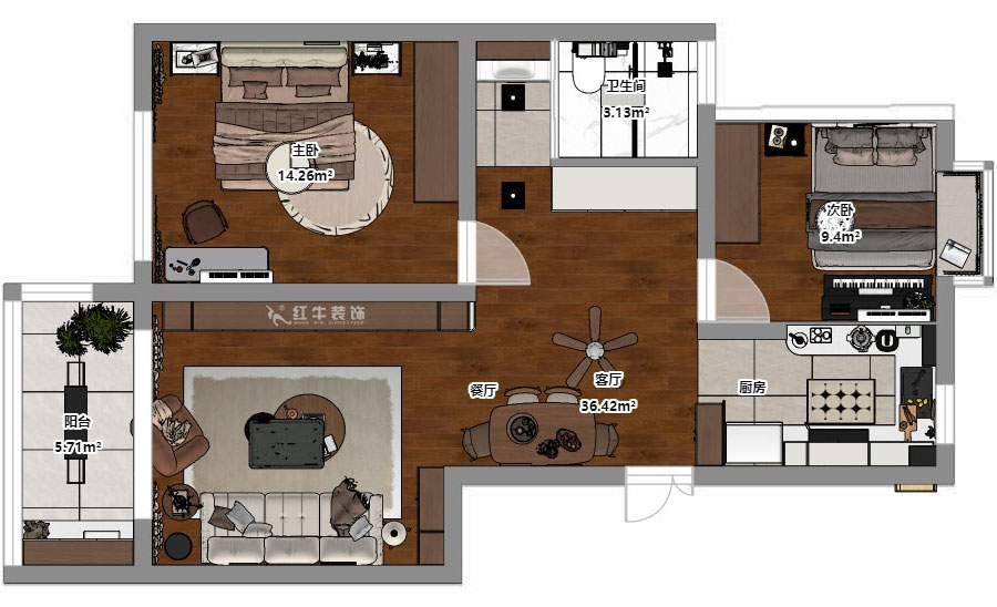 朱明琪｜時光澔韻3-2-902-90㎡-現(xiàn)代中古風(fēng)｜2室2廳1衛(wèi)｜老房裝修｜定制家｜全包13萬｜00_03平面彩圖