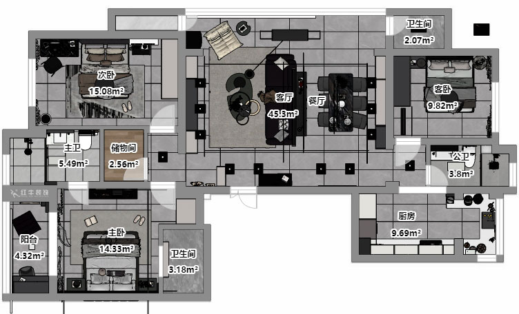 劉小勇｜翠屏誠(chéng)園北區(qū)5-702-138㎡-現(xiàn)代黑白灰風(fēng)格｜3室2廳2衛(wèi)｜老房裝修｜定制家｜全包19萬(wàn)｜00_03平面彩圖