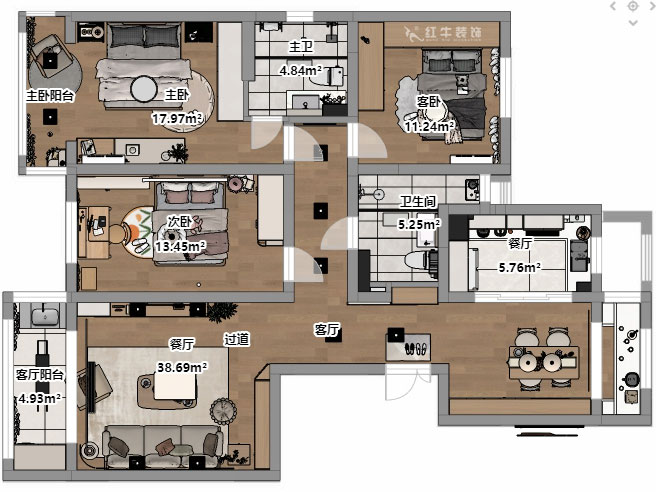 朱彥｜凱悅天琴2-3-1106-140㎡-現(xiàn)代簡(jiǎn)約風(fēng)格｜3室2廳2衛(wèi)｜老房改造｜定制家｜全包18萬(wàn)｜00_03平面彩圖