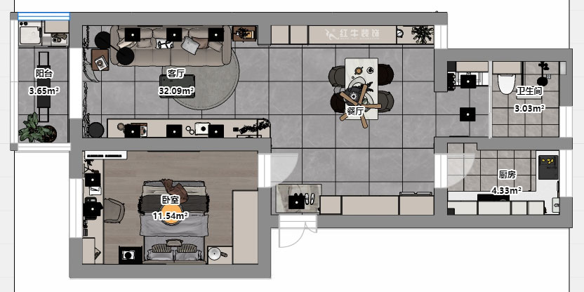 魏明花｜衛(wèi)橋新村17-502-70㎡-現(xiàn)代簡(jiǎn)約風(fēng)格｜1室2廳1衛(wèi)｜二手房裝修｜定制家｜全包9萬｜00_03平面彩圖