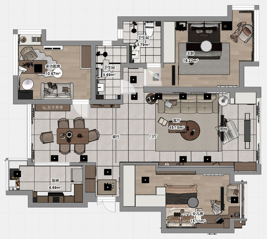 朱彥｜名都花園4-901-117㎡-現(xiàn)代簡約風格｜3室2廳2衛(wèi)｜老房改造｜定制家｜全包15萬｜00_03平面彩圖