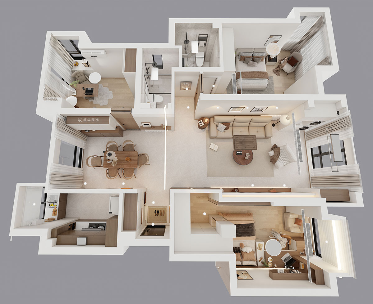 朱彥｜名都花園4-901-117㎡-現(xiàn)代簡約風格｜3室2廳2衛(wèi)｜老房改造｜定制家｜全包15萬｜00_04鳥瞰圖