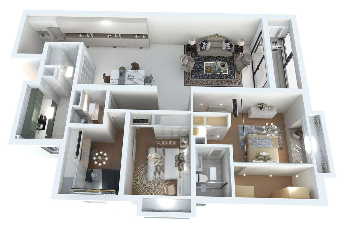 蔣?。┞∶?-1907-160㎡-法式風(fēng)格｜3室2廳2衛(wèi)｜舊房裝修｜定制家｜全包22萬｜00_04鳥瞰圖