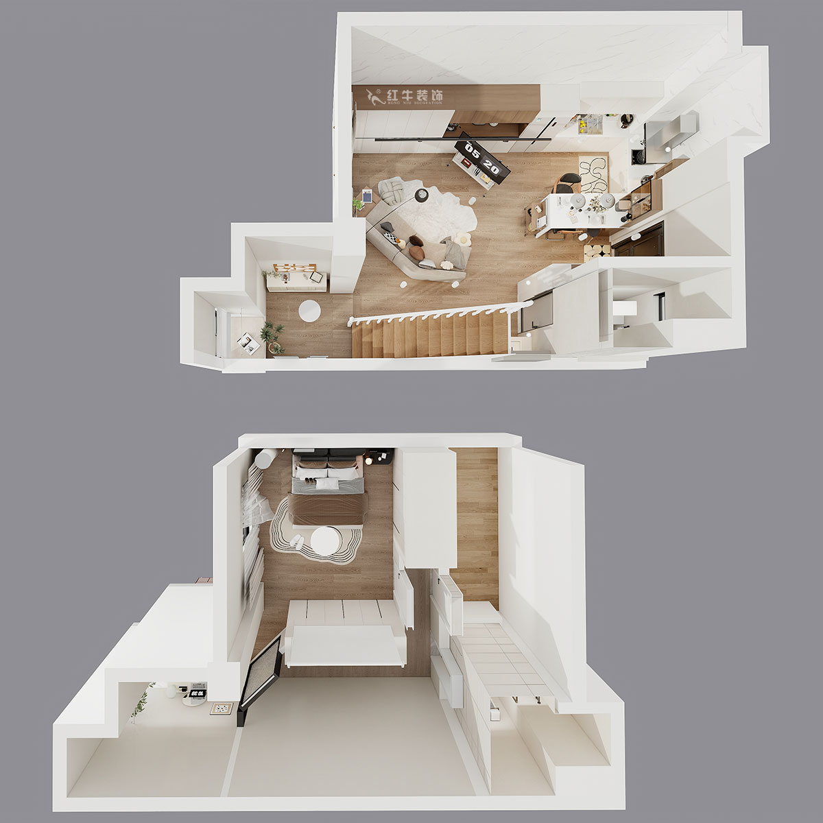 朱明琪｜萊茵鉑郡922室-69㎡-原木風(fēng)格｜復(fù)式｜loft公寓｜2室2廳2衛(wèi)｜老房裝修｜定制家｜全包12萬｜00_05鳥瞰圖