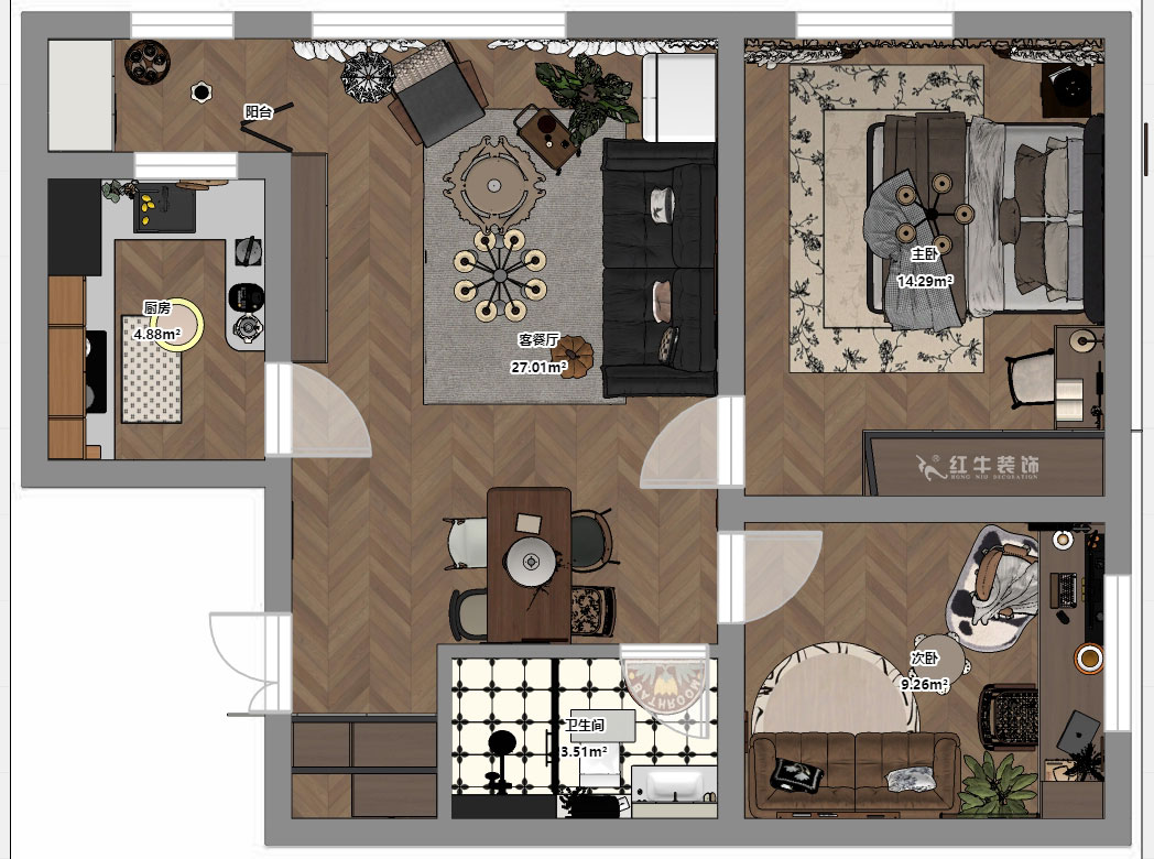 朱明琪｜朗詩(shī)國(guó)際街區(qū)(中園)6-401-100㎡-中古風(fēng)｜2室2廳1衛(wèi)｜老房裝修｜定制家｜全包10萬(wàn)｜00_03平面彩圖