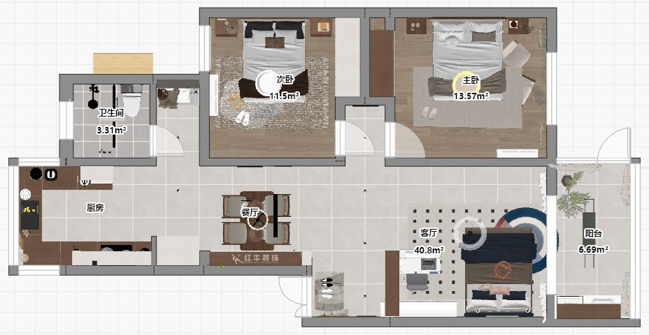 朱明琪｜美河園1-2-101-90㎡-現(xiàn)代風(fēng)格｜2室1廳1衛(wèi)｜老房改造｜定制家｜全包11萬｜00_03平面彩圖