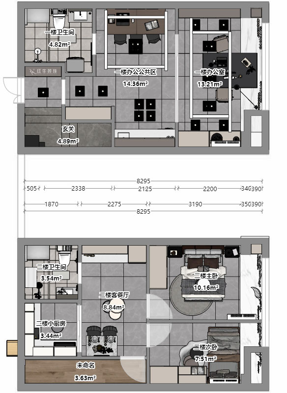 蔣?。谛陪K岸中心5號樓1218室-50㎡挑高-現(xiàn)代簡約風格｜3室2廳2衛(wèi)｜老房裝修｜定制家｜全包12萬｜00_04平面彩圖