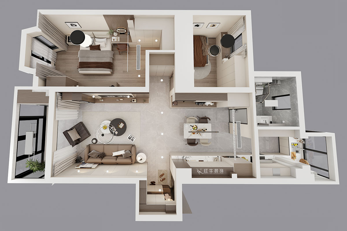 蔣?。汩坷?-2-902-100㎡-現(xiàn)代簡約風(fēng)格｜2室2廳1衛(wèi)｜老房裝修｜定制家｜全包14萬｜00_04鳥瞰圖