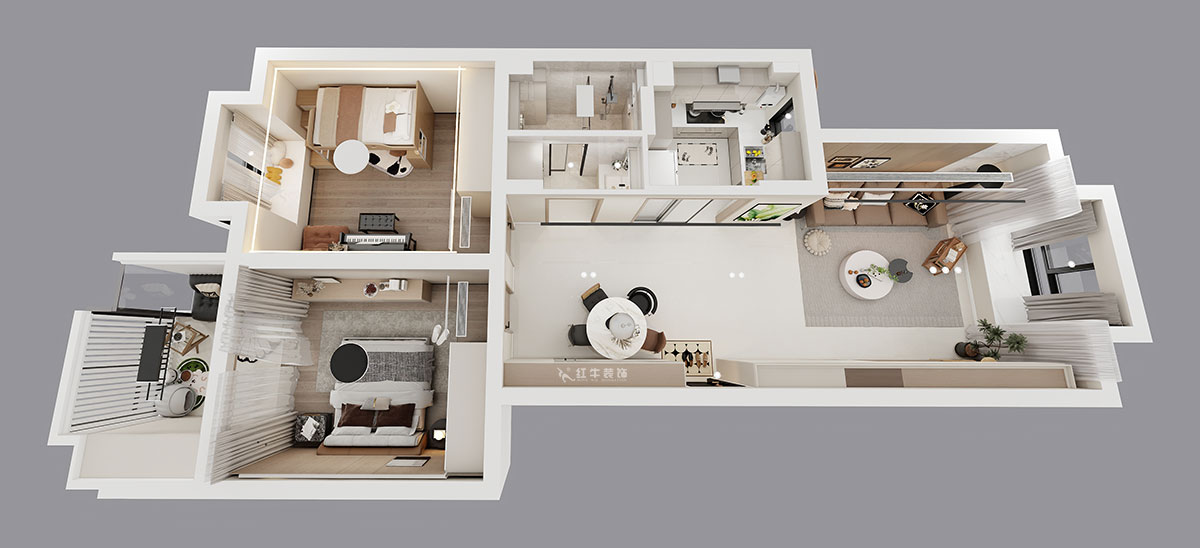 孟憲濤｜東城水岸5-202-99㎡-簡約風(fēng)格｜2室2廳1衛(wèi)｜老房裝修｜定制家｜全包14萬｜00_04鳥瞰圖