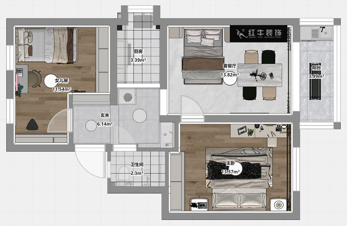 仇美蓉｜太平橋南38號(hào)1-601-67㎡-簡(jiǎn)約風(fēng)格｜2室1廳1衛(wèi)｜老房裝修｜定制家｜全包8萬｜00_03平面彩圖