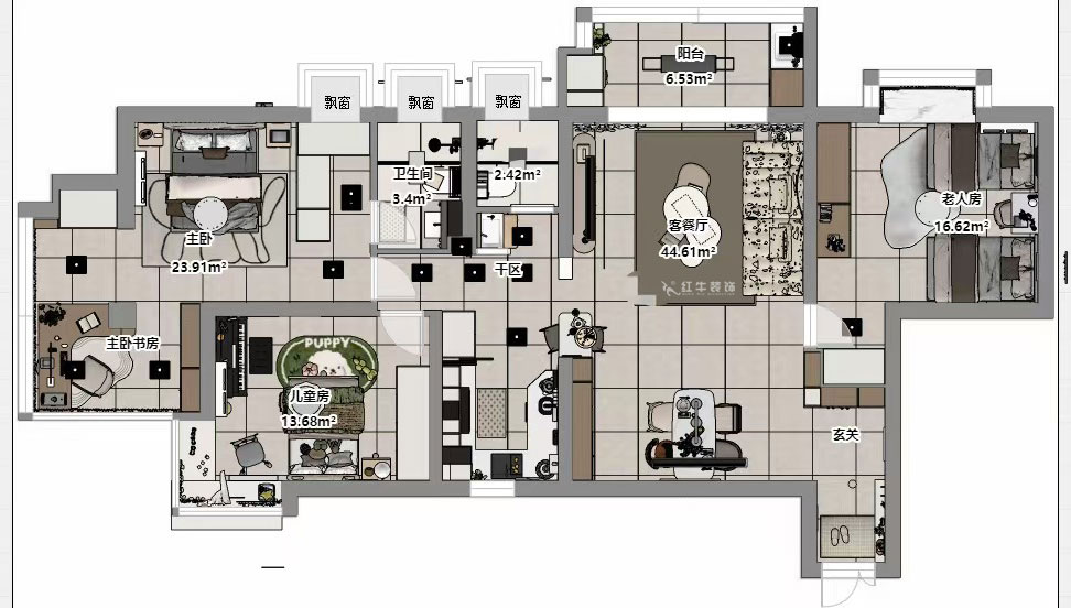 孟憲濤｜龍園北路80號(hào)1-2706-130㎡-現(xiàn)代簡(jiǎn)約風(fēng)格｜4室2廳2衛(wèi)｜老房裝修｜定制家｜全包16萬(wàn)｜00_03平面彩圖