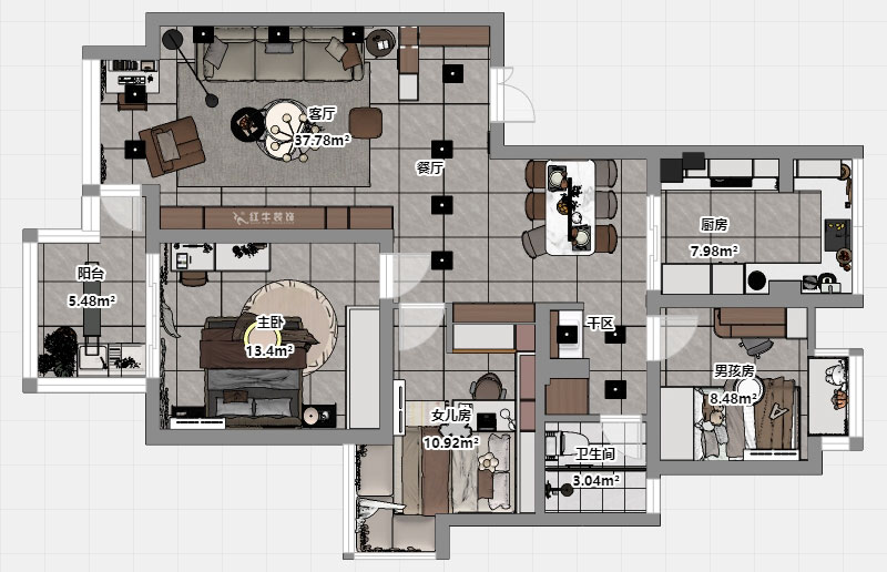 蔣?。f達華府西苑6-401-106㎡-現(xiàn)代簡約風格｜3室2廳1衛(wèi)｜老房裝修｜定制家｜全包13萬｜00_03平面彩圖