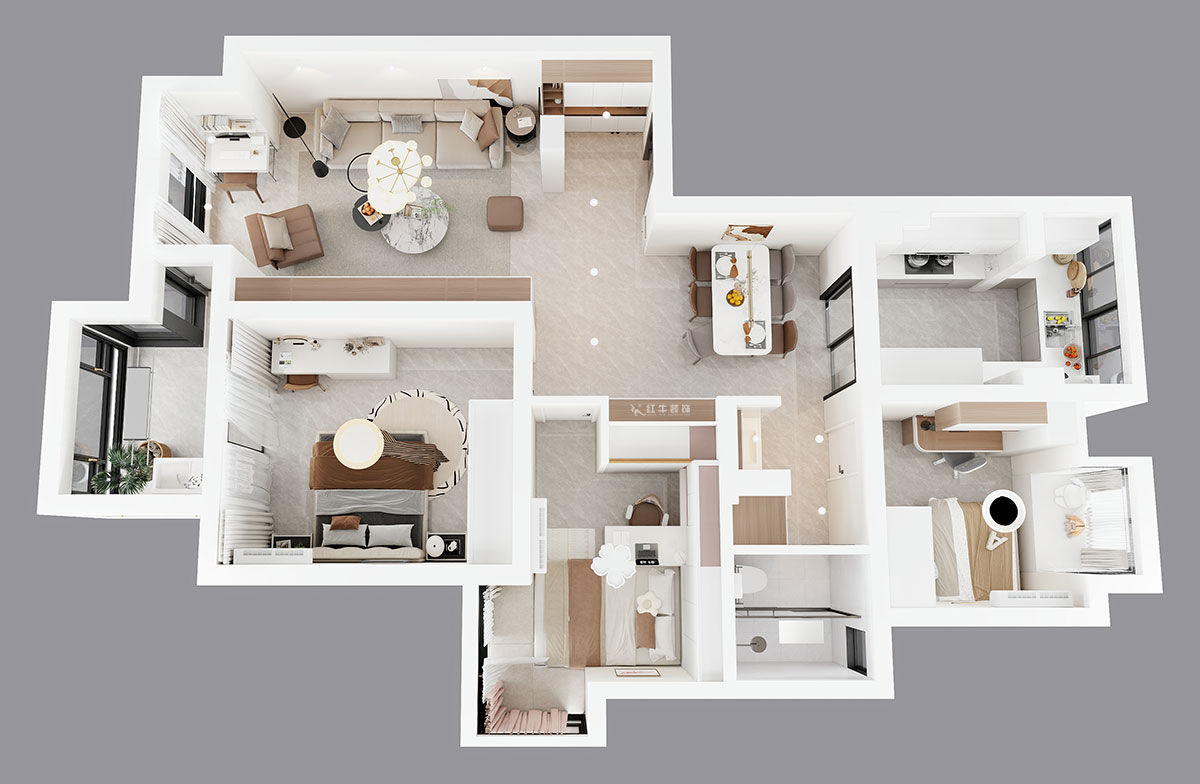 蔣?。f達華府西苑6-401-106㎡-現(xiàn)代簡約風格｜3室2廳1衛(wèi)｜老房裝修｜定制家｜全包13萬｜00_04鳥瞰圖