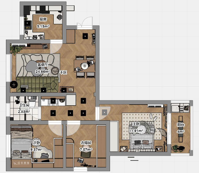 蔣?。y龍雅苑11-3-212-85㎡-現(xiàn)代原木風(fēng)｜3室1廳1衛(wèi)｜新房裝修｜定制家｜全包11萬｜00_03平面彩圖
