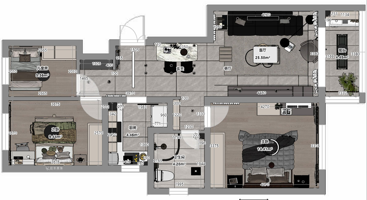 蔣?。自蒲啪?1-202-88㎡-現(xiàn)代簡(jiǎn)約風(fēng)格｜3室2廳1衛(wèi)｜新房裝修｜定制家｜全包11萬(wàn)｜00_03平面彩圖