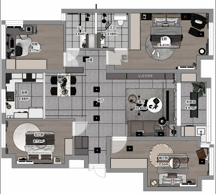 孟憲濤｜融創(chuàng)臻園15-1005-120㎡-簡約風(fēng)格｜4室2廳2衛(wèi)｜新房裝修｜定制家｜全包16萬｜00_03平面彩圖