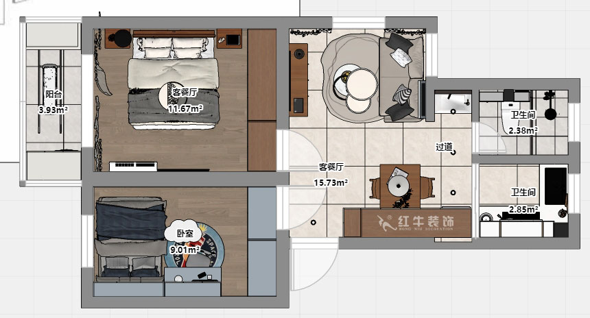朱彥｜鳳凰花園城金陵園2幢10號(hào)502室-64㎡-現(xiàn)代簡(jiǎn)約風(fēng)格｜2室1廳1衛(wèi)｜老房改造｜定制家｜全包10萬(wàn)｜00_03平面彩圖