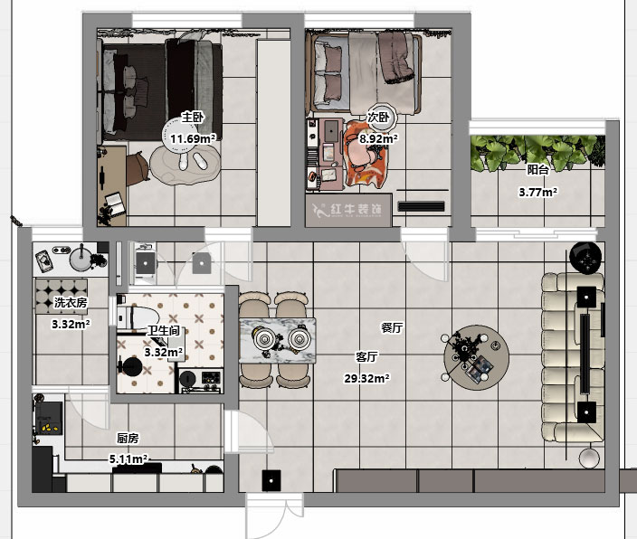 朱明琪｜金鼎灣花園1-2-2004-87㎡-現(xiàn)代簡約風(fēng)格｜2室2廳1衛(wèi)｜老房裝修｜定制家｜全包10萬｜00_03平面彩圖