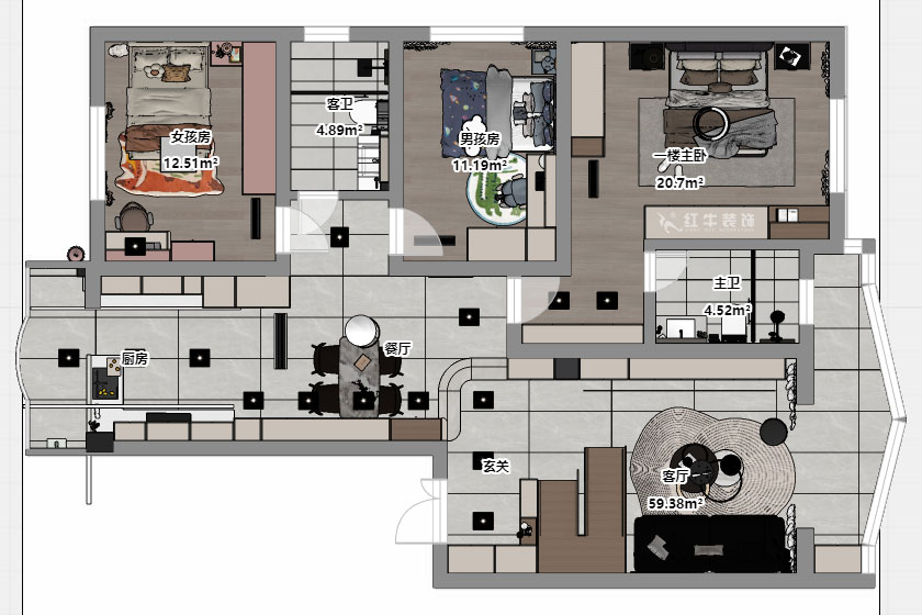 仇美蓉｜梅花山莊36-3-605-132㎡-簡約風(fēng)格｜3室2廳2衛(wèi)｜老房裝修｜定制家｜全包18萬｜00_05平面彩圖