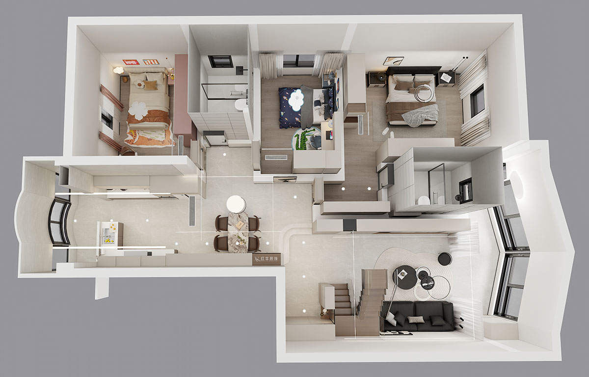 仇美蓉｜梅花山莊36-3-605-132㎡-簡約風(fēng)格｜3室2廳2衛(wèi)｜老房裝修｜定制家｜全包18萬｜00_06鳥瞰圖