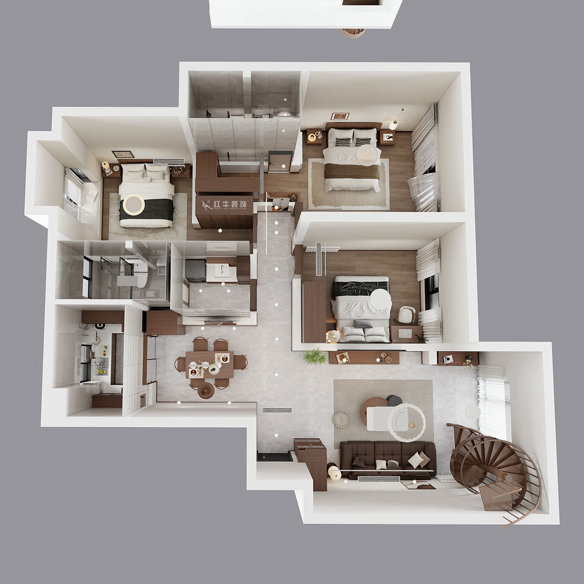 朱彥｜聚寶山莊海棠街區(qū)5-1203-130㎡-現(xiàn)代簡約風格｜3室2廳2衛(wèi)｜老房改造｜定制家｜全包16萬｜00_04鳥瞰圖