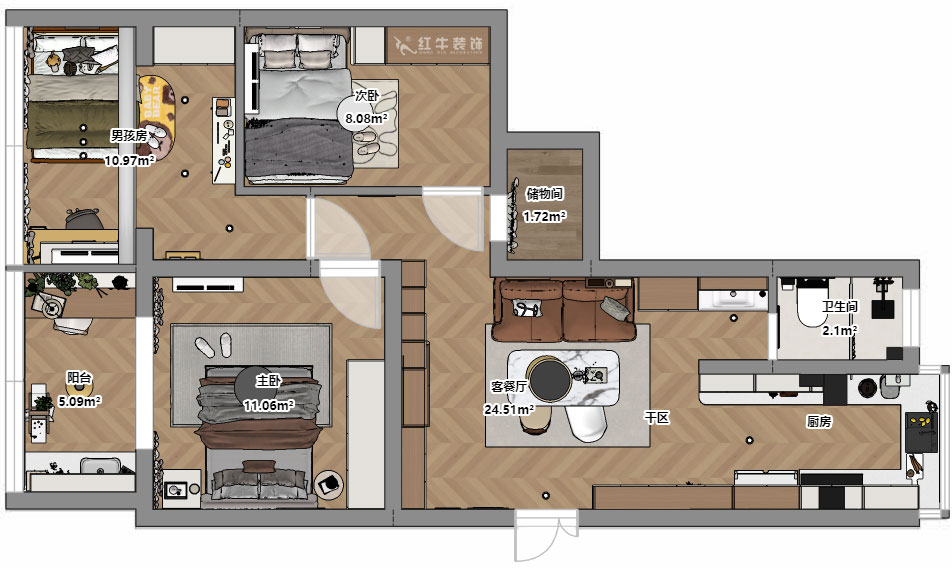 朱明琪｜金基公寓4-105-73㎡-原木風(fēng)格｜3室1廳1衛(wèi)｜老房改造｜定制家｜全包11萬(wàn)｜00_03平面彩圖